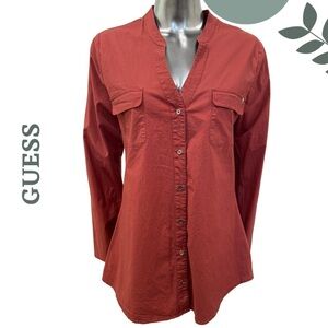 GUESS Rust Red Utility Blouse Long Sleeve V Neck– Size Medium
